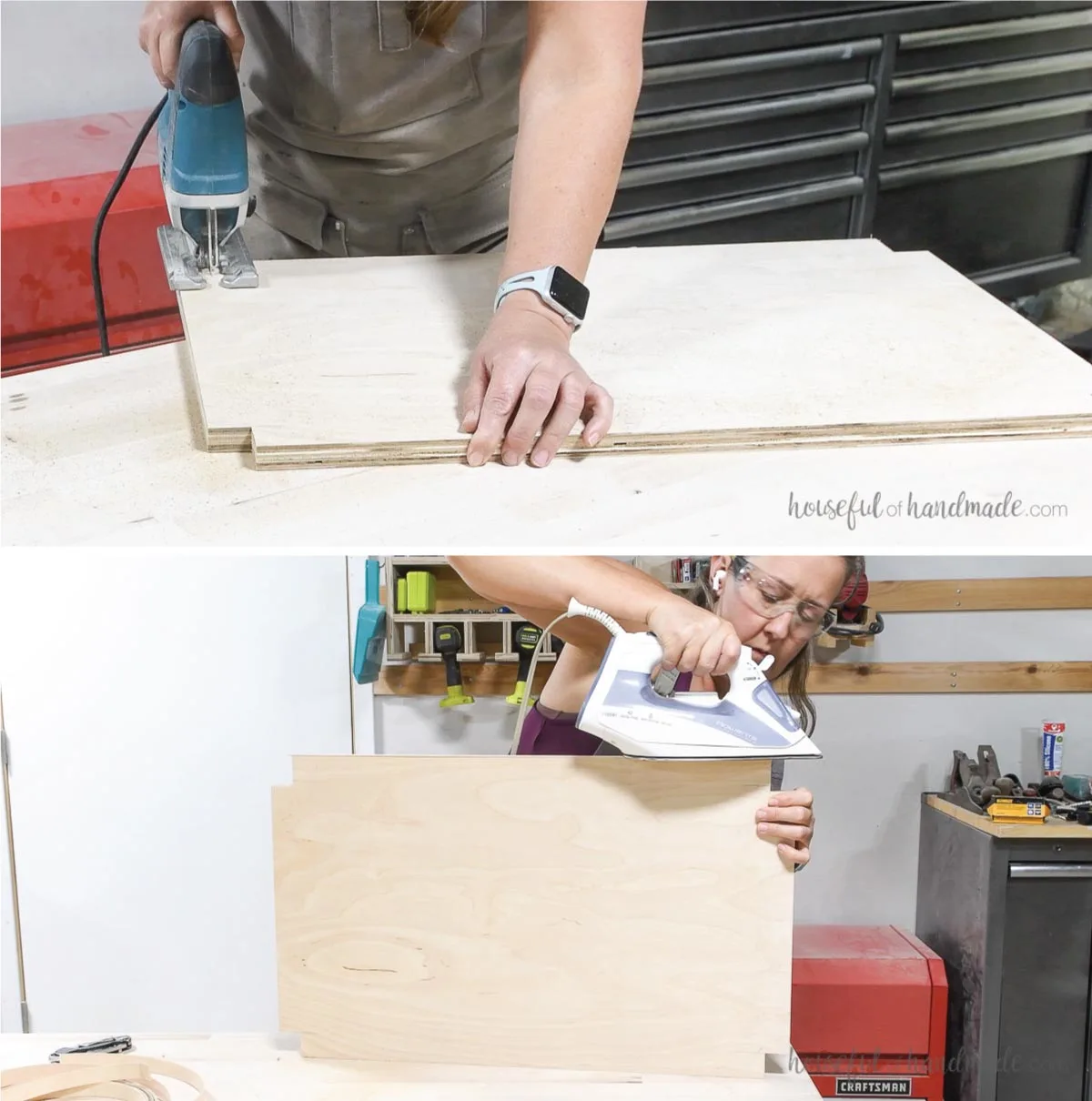 Cutting notches in the bottom shelf plywood piece and adding edge banding. 