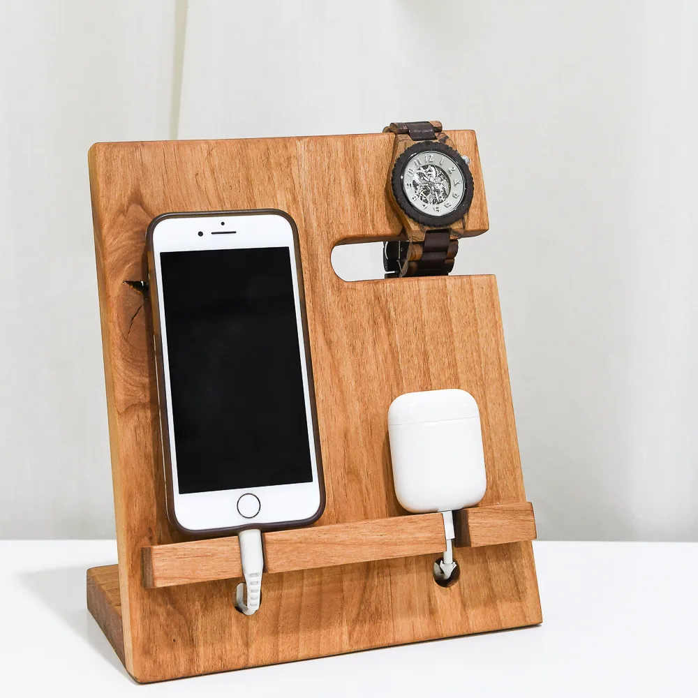 DIY nightstand docking station to charge phone, earbuds, and watch.