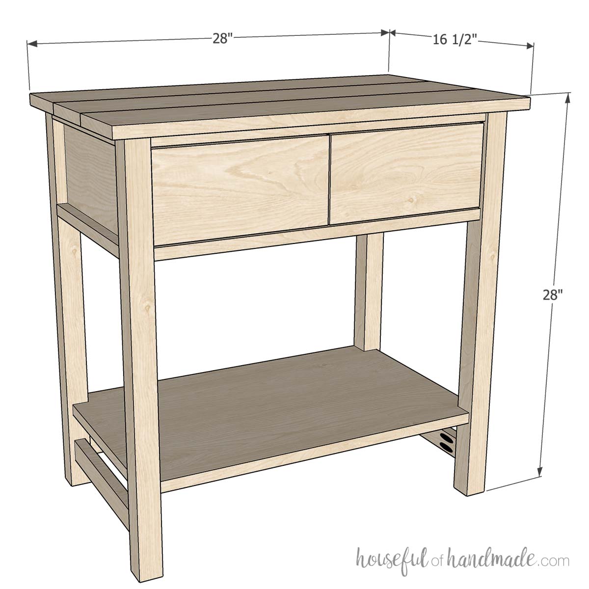 3D sketch of the nightstand with dimensions noted. 