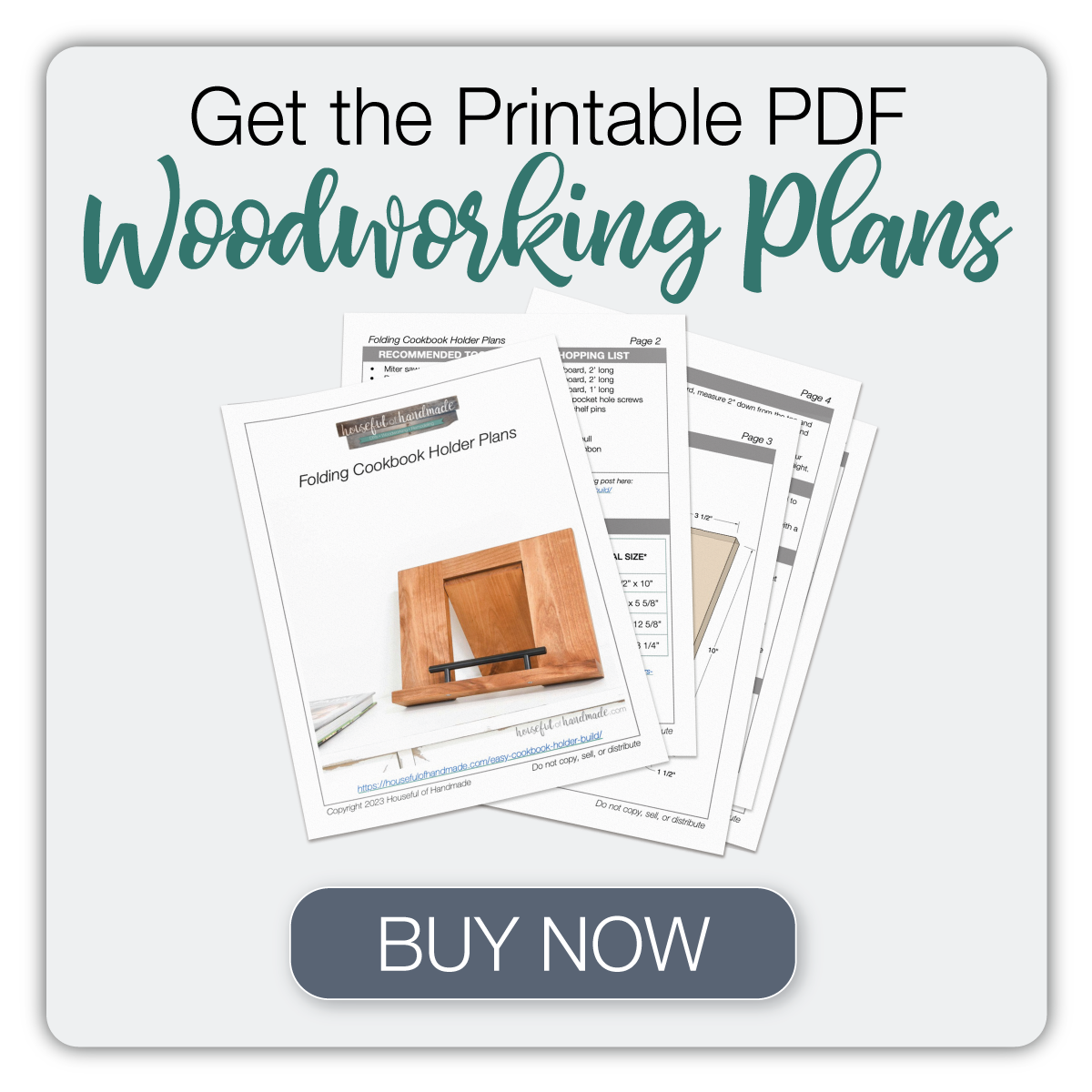 Button to buy the printable PDF plans for the folding cookbook holder. 