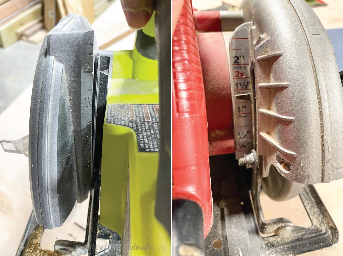 Pictures of the depth settings on two different circular saws.