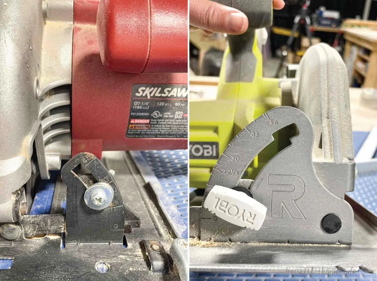 Two circulars saws showing where to set the blade angle. 