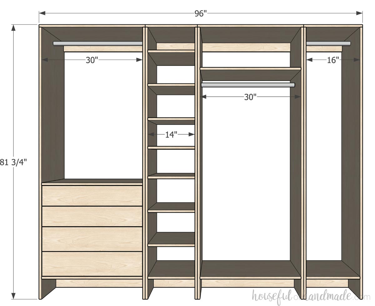 3D sketch of the closet organizer with dimensions noted. 
