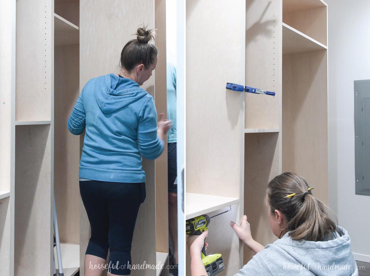 Moving the closet sections into place in the narrow closet and securing them together. 