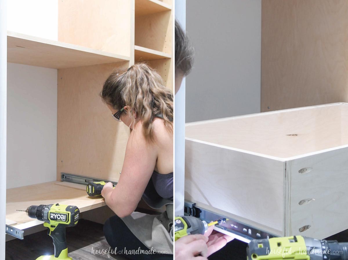 Installing drawers inside the custom closet. 