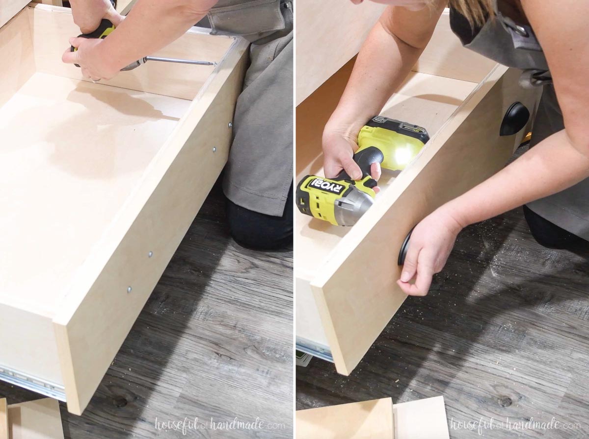 Attaching drawer fronts to the drawer boxes. 