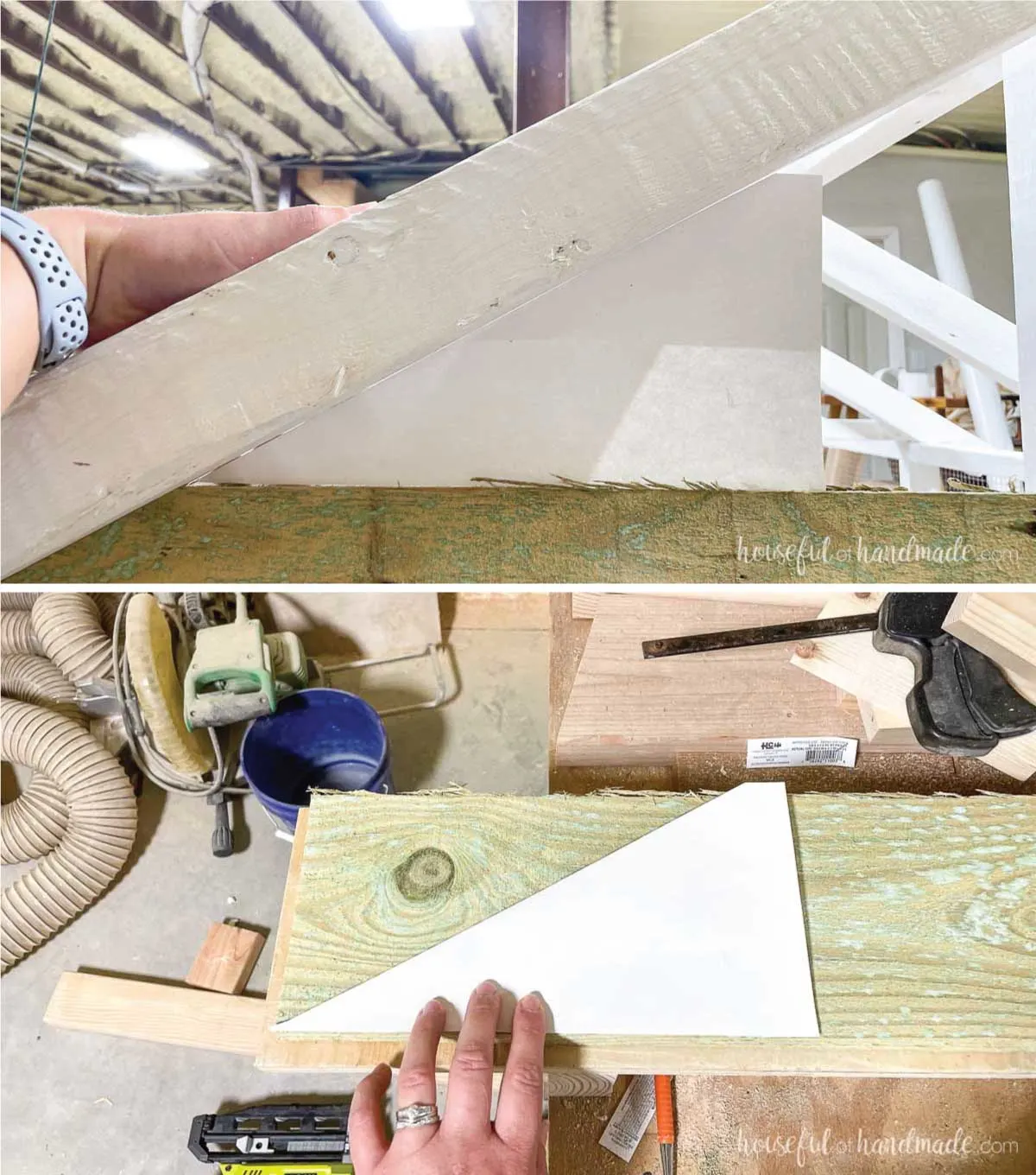 Using a template to cut the angled pieces to fit under the roof rafters. 