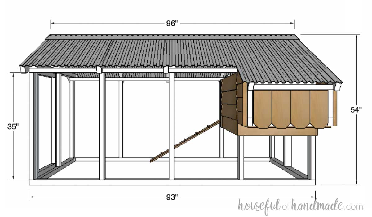 3D Sketch of the small chicken coop with dimensions noted. 