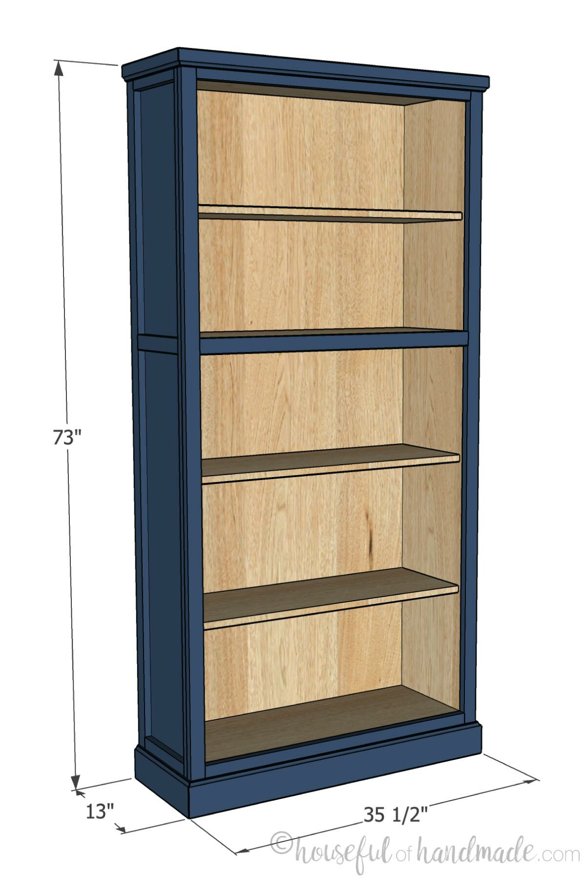 3D sketch of the bookcase with dimensions noted.  