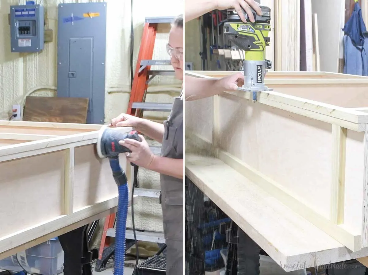 Flushing up the sides of the face frame with a sander and flush cut router bit. 