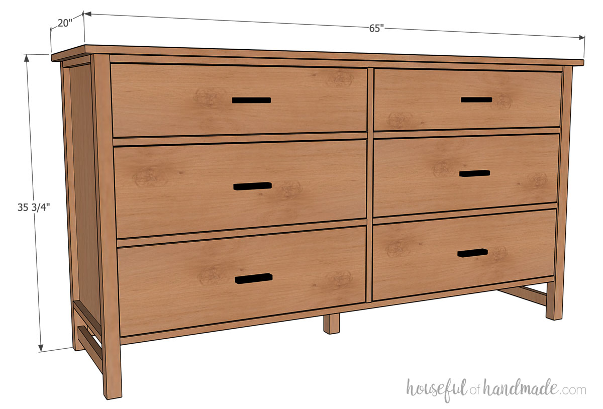 3D sketch of the 6 drawer dresser with dimensions noted.