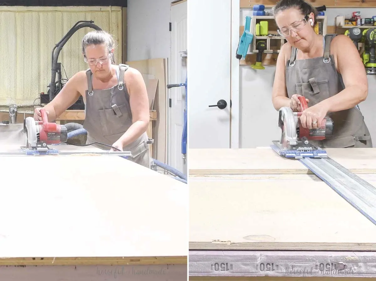 Cutting down 3/4" plywood with a circular saw on a piece of rigid foam.