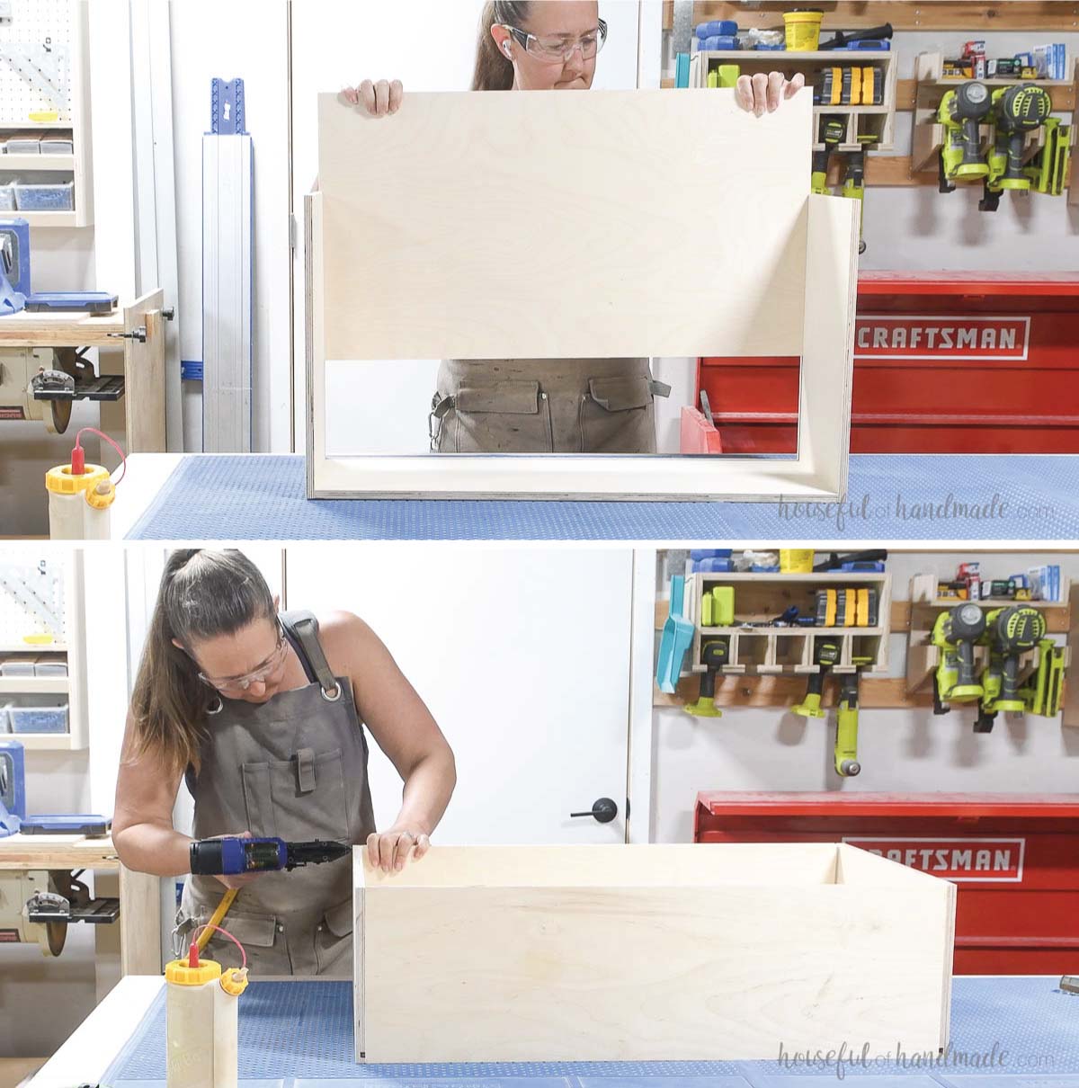 Inserting the drawer bottom and then attaching the back piece to enclose it. 