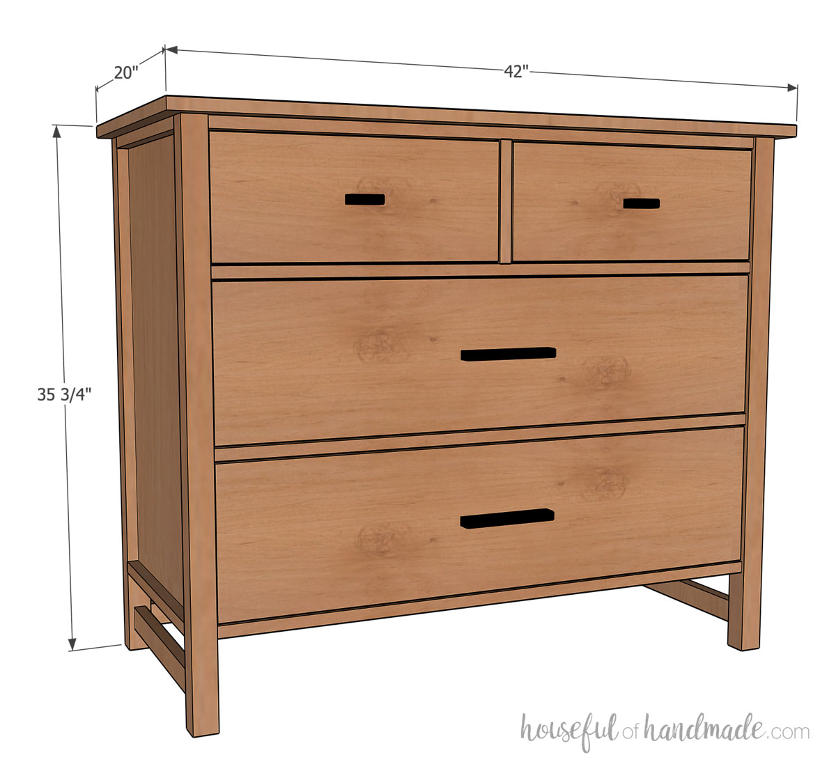 3D sketch of the 4 drawer dresser with dimensions noted.