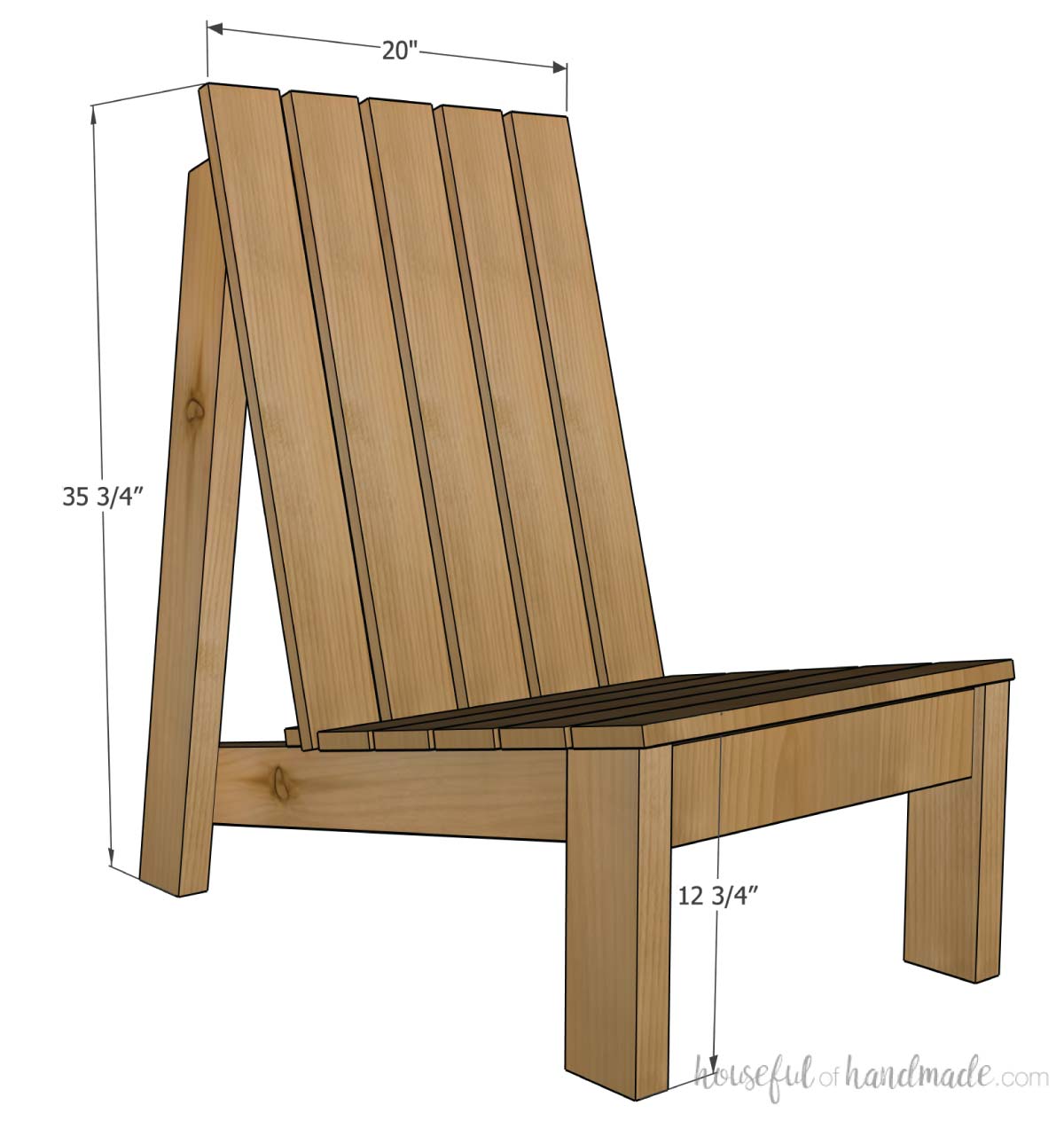 3D sketch of a modern adirondack chair with dimensions noted. 