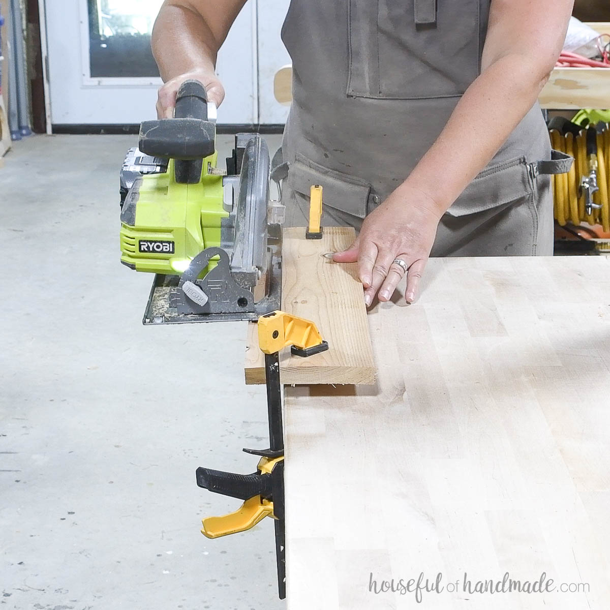 Ripping the inside edge of the seat board at an  angle with a circular saw. 