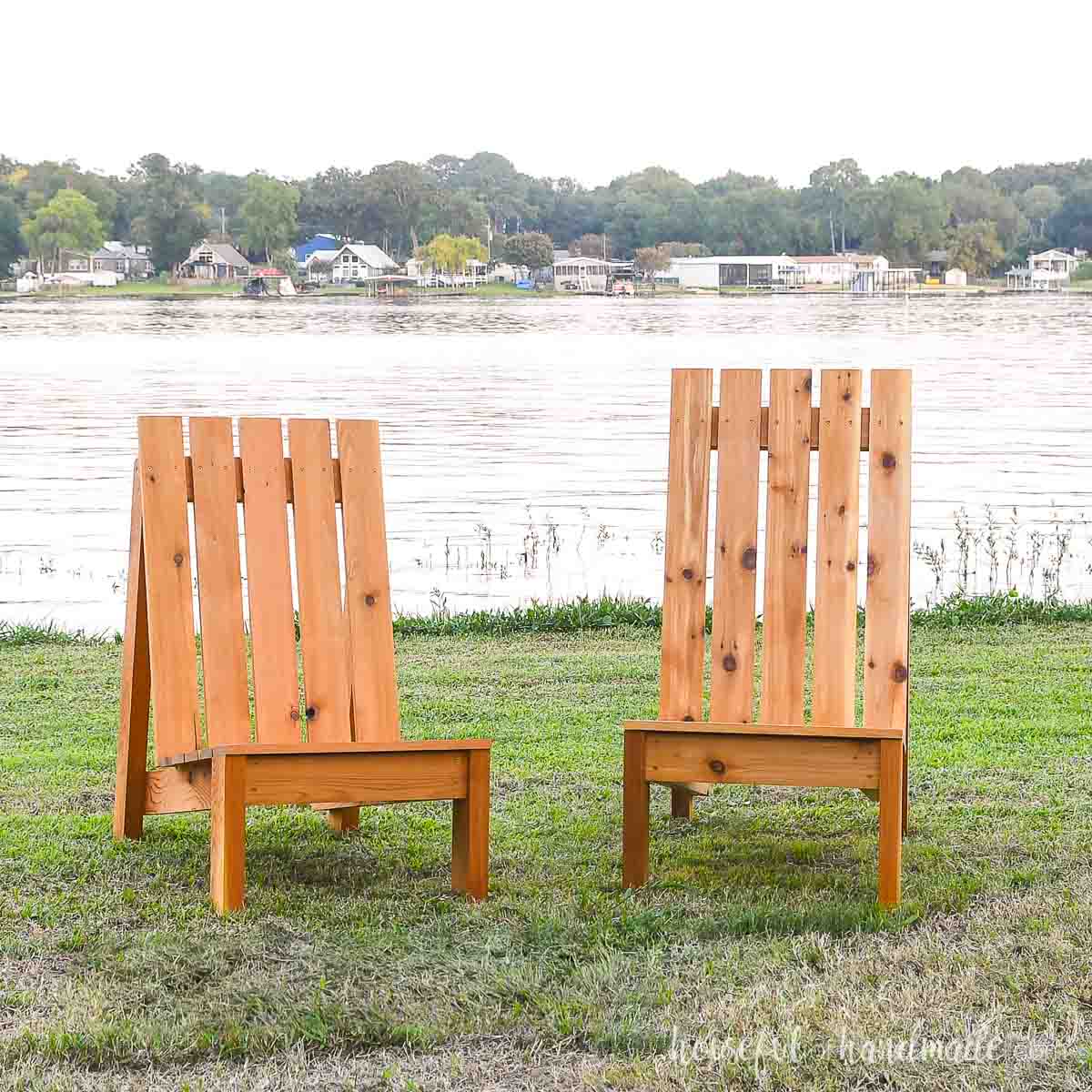 Two DIY adirondack chairs, one regular and one XL with a taller back and deeper seat.