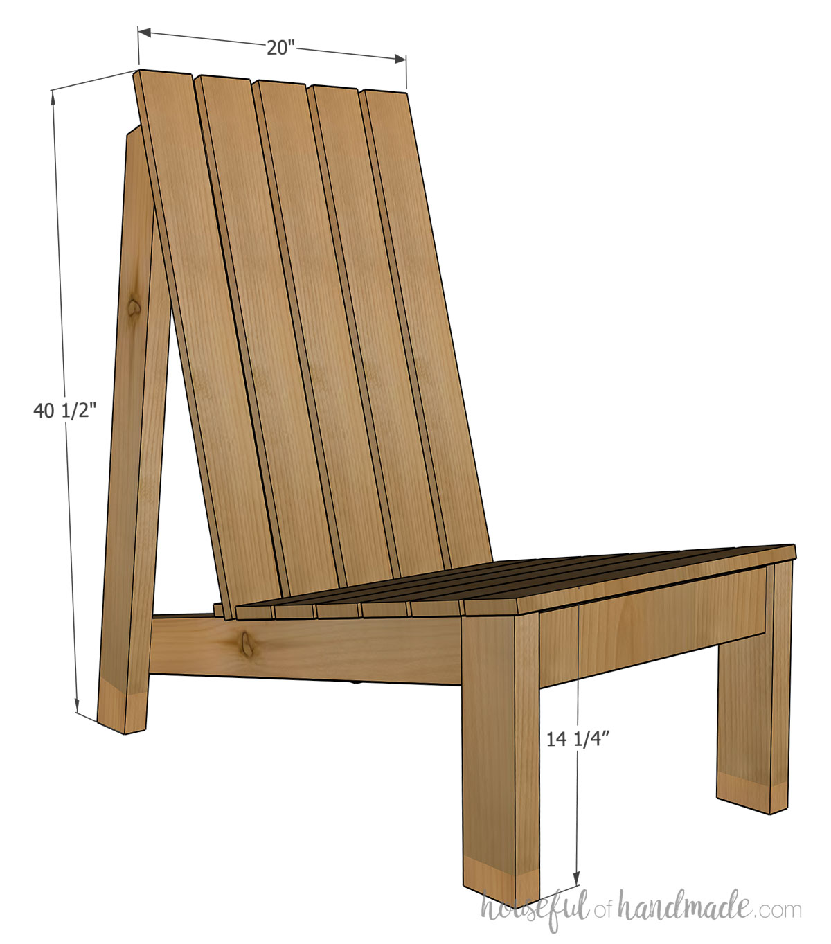 3D Sketch of the XL adirondack chair with dimensions noted. 