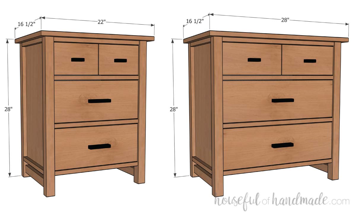 Two different widths of nightstands with 3 drawers with dimensions noted. 