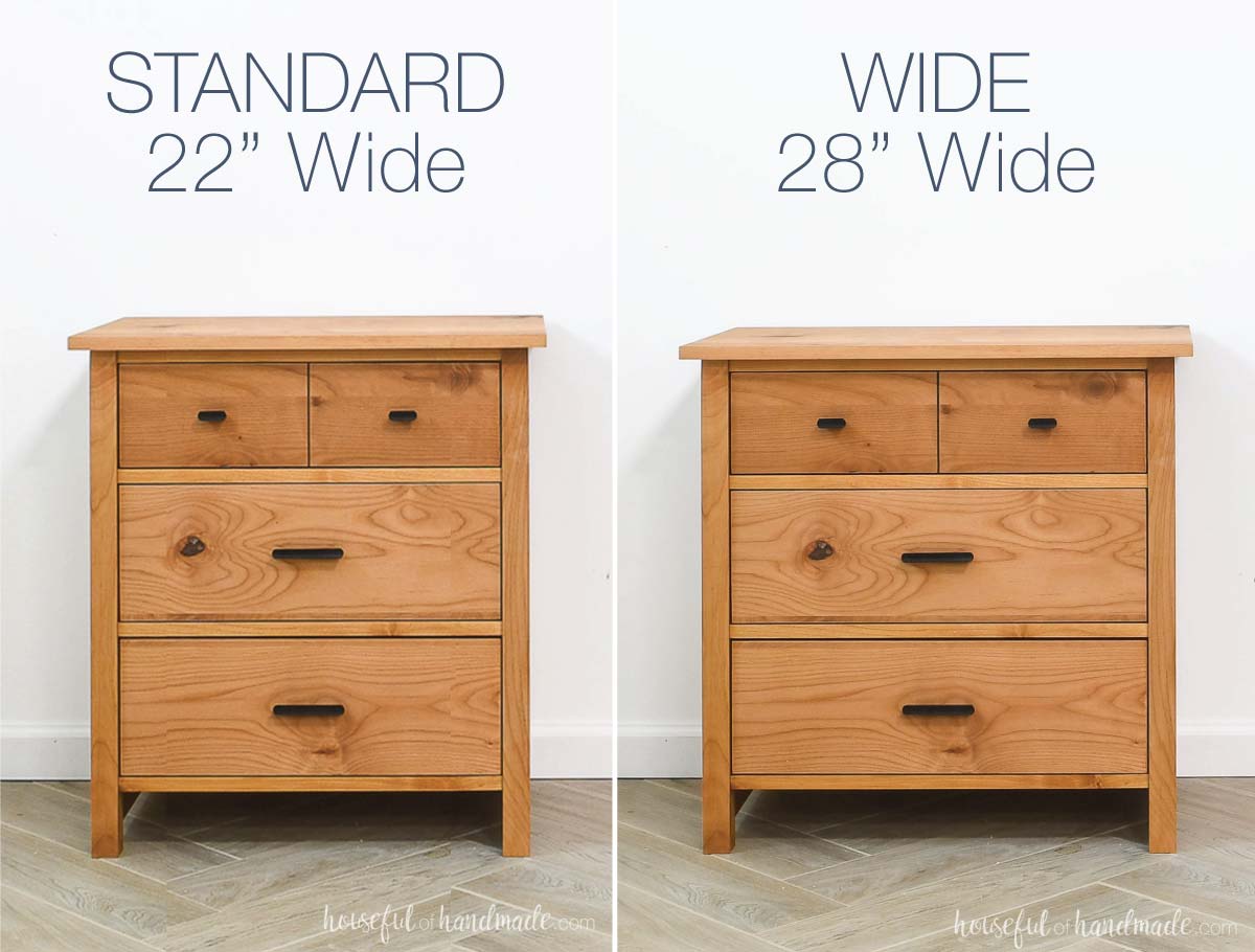 Two nightstands, one wider than the other, with text on the top. 