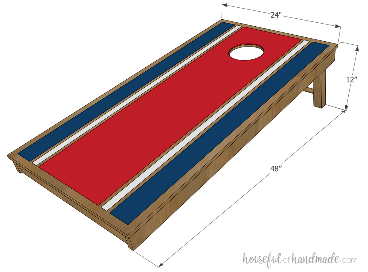 3D Sketch of the DIY corn hole boards with dimensions noted. 