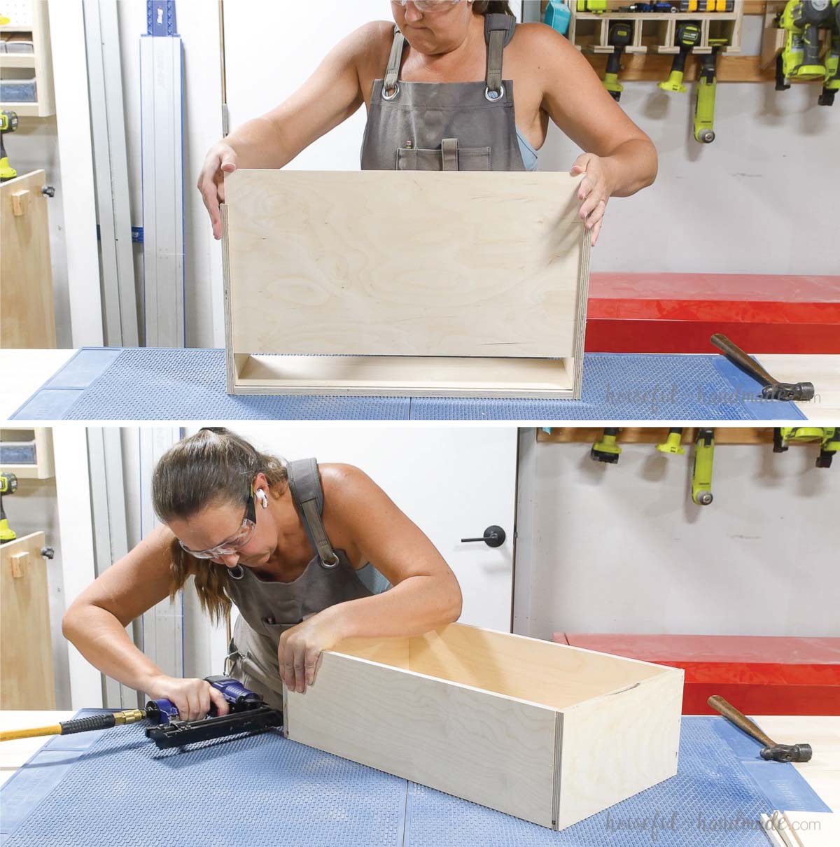 Adding the drawer box bottom then attaching the back to enclose it. 