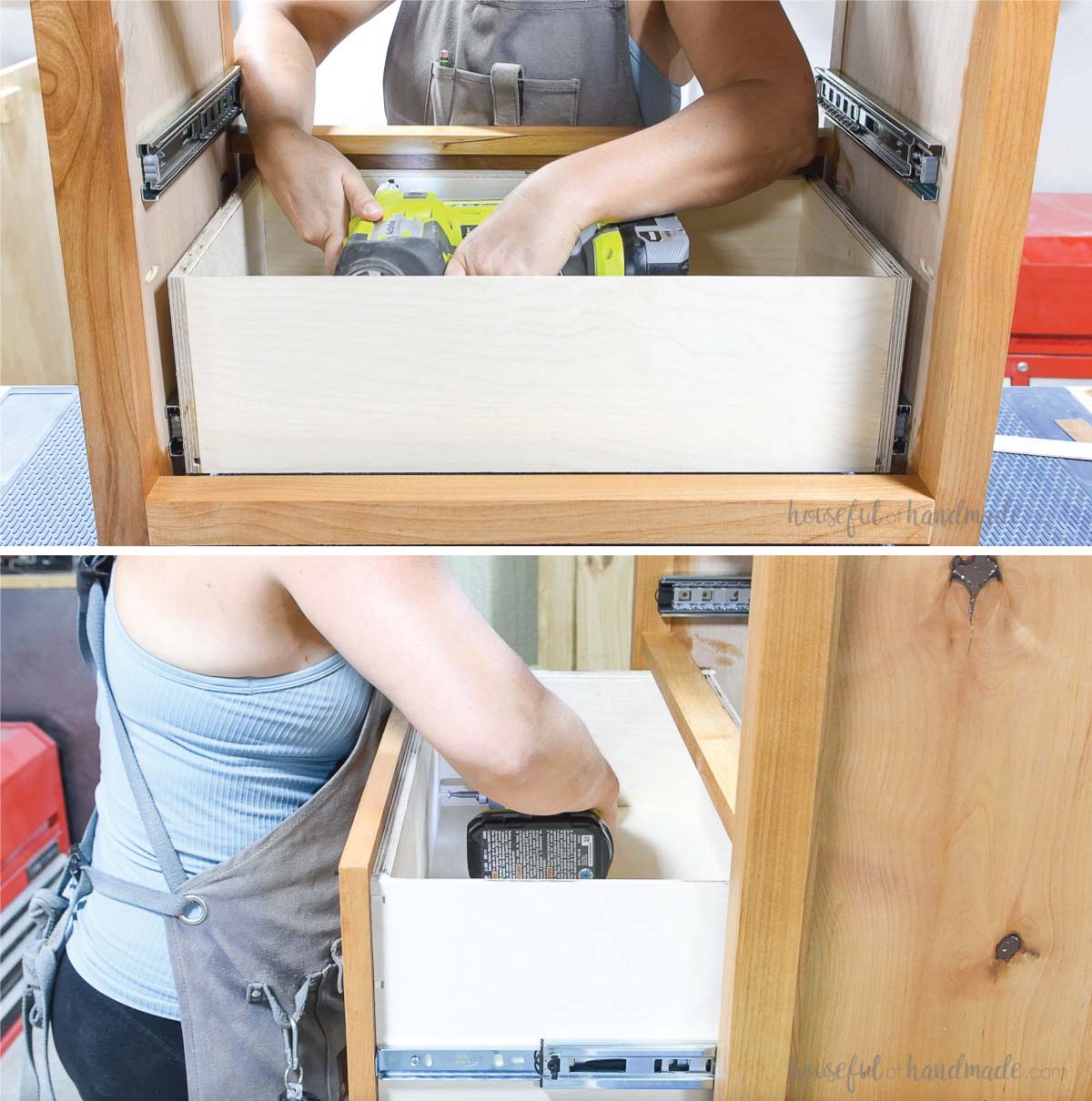 Attaching the drawer front to the drawer box with nails and screws. 