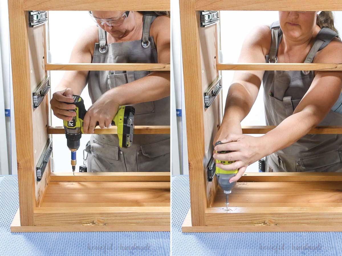 Attaching the top of the nightstand with countersunk screws. 