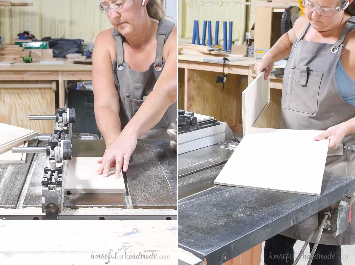 Cutting a groove in the plywood with a table saw and test fitting the 1/4" plywood into the groove. 