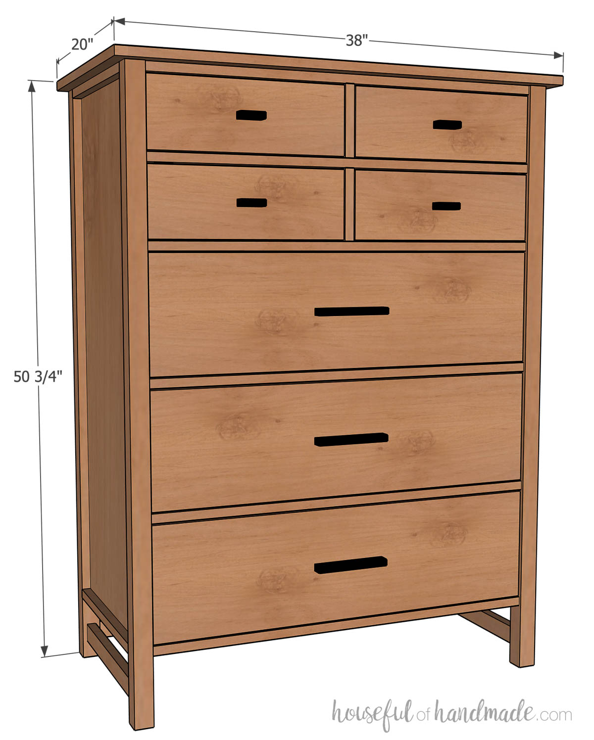 3D Sketch of tall 7 drawer dresser with dimensions noted. 