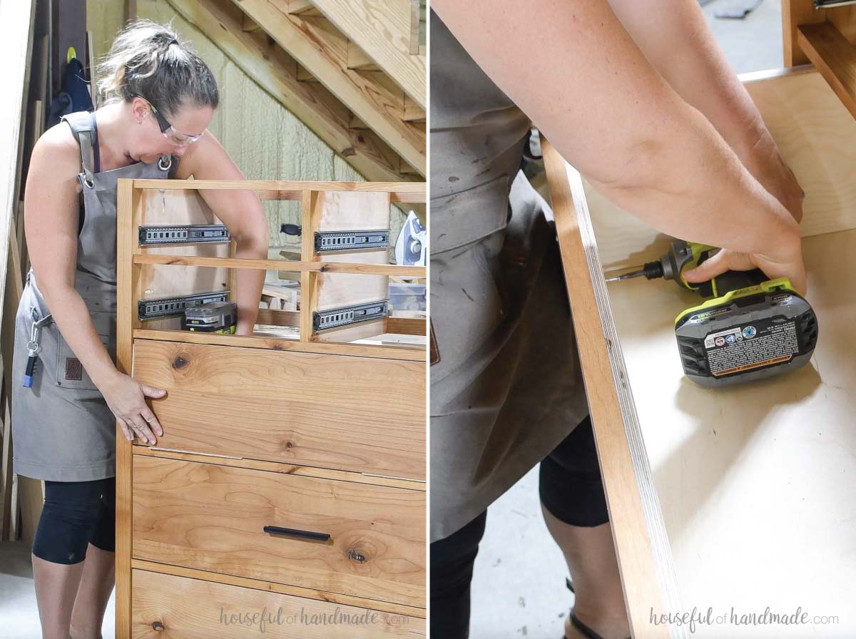 Attaching the drawer front with pneumatic nails and screws. 