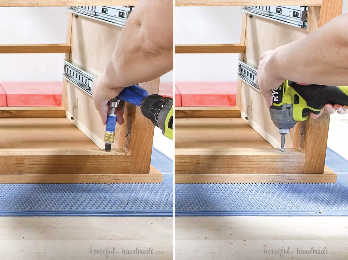 Attaching the top of the dresser with countersunk screws. 