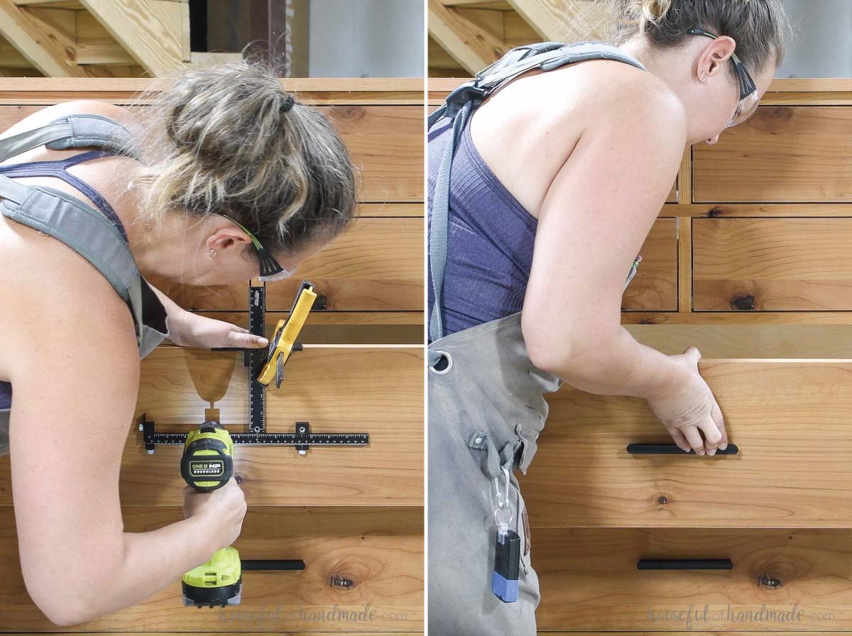 Attaching black drawer pulls on the alder drawer front. 