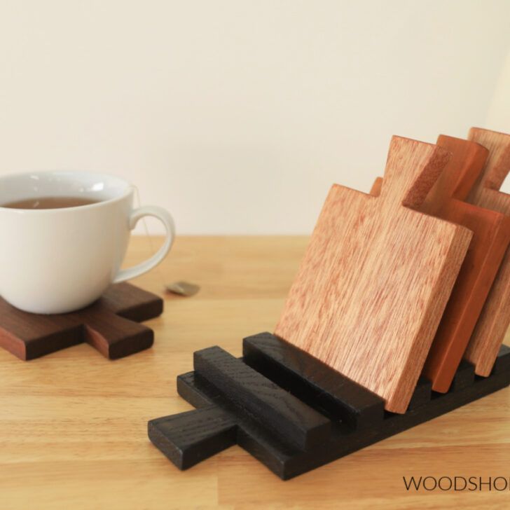 Cutting board shaped coasters with rack. 