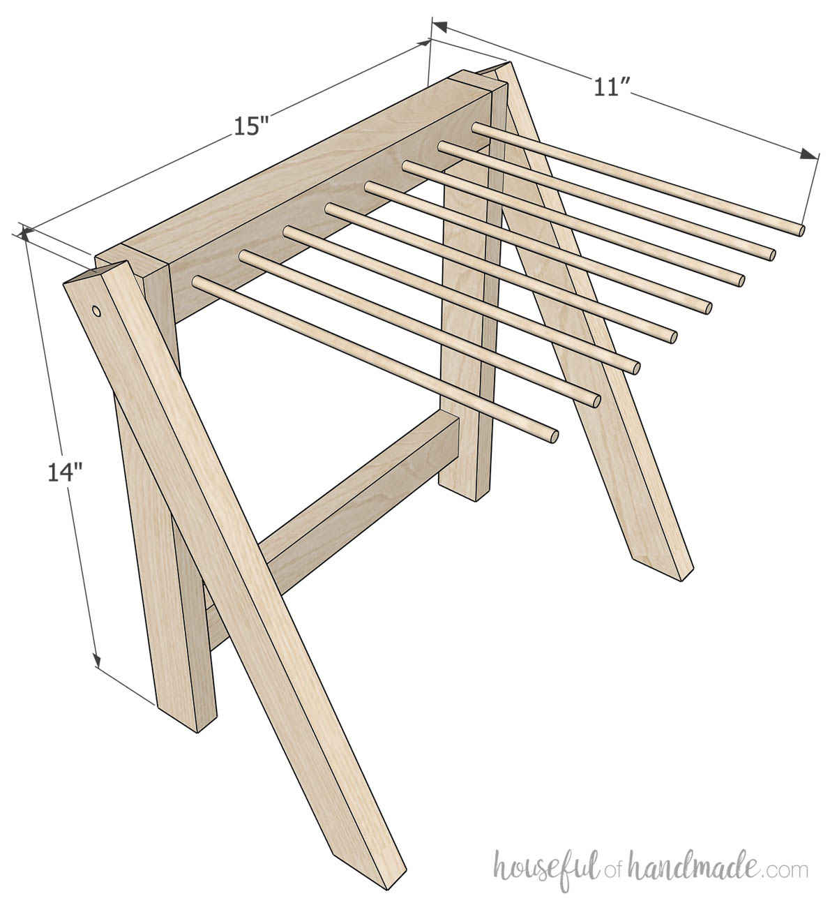 3D sketch of a DIY pasta drying rack with dimensions noted. 