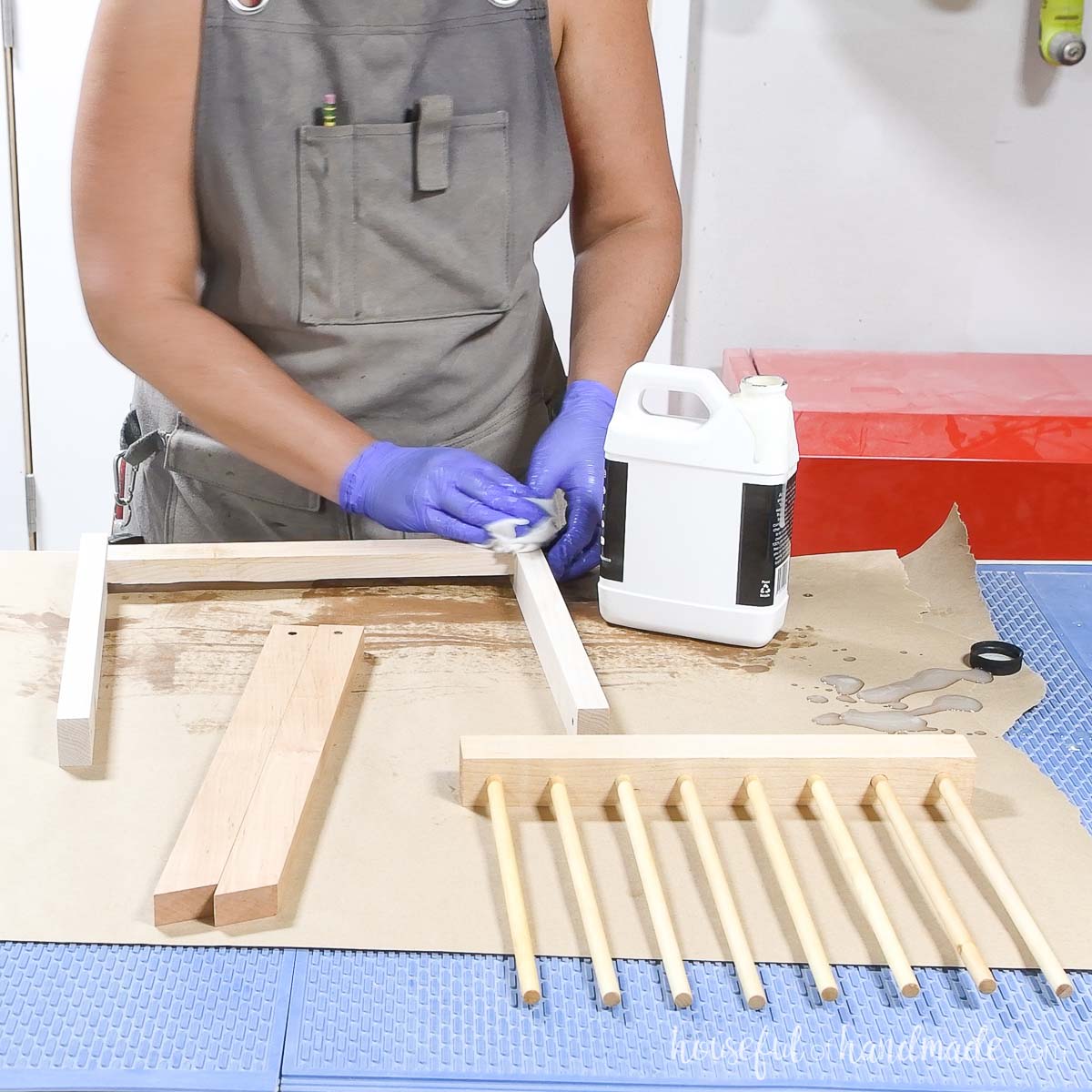 Sealing all the pieces of the wood pasta rack with cutting board oil. 