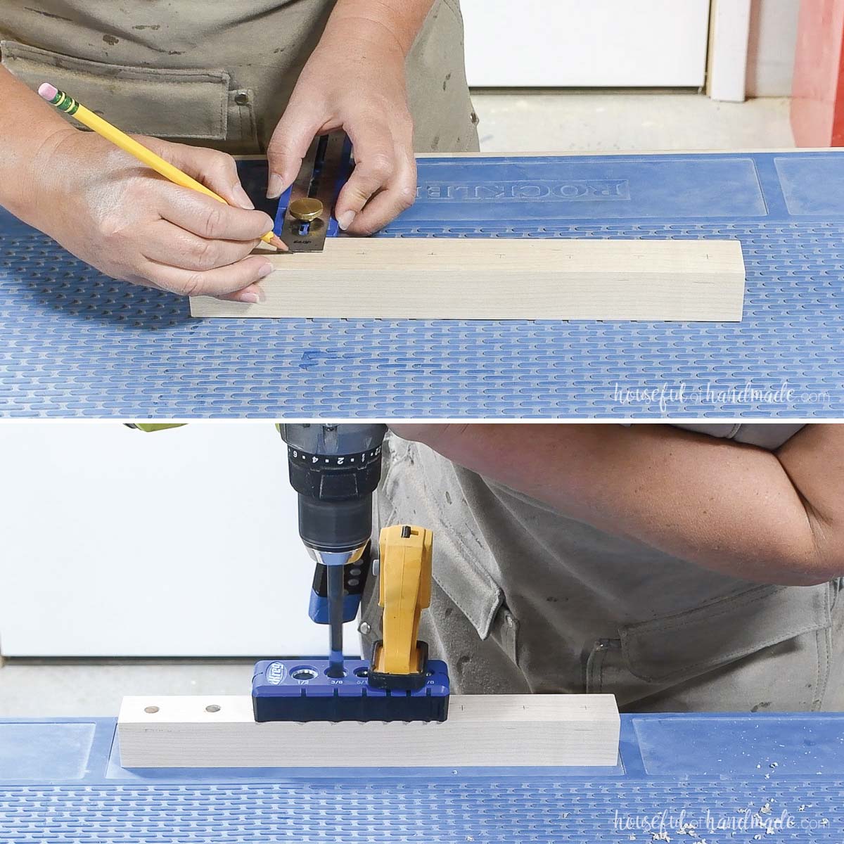 Drilling holes in a 2x2 board with a portable drill guide. 