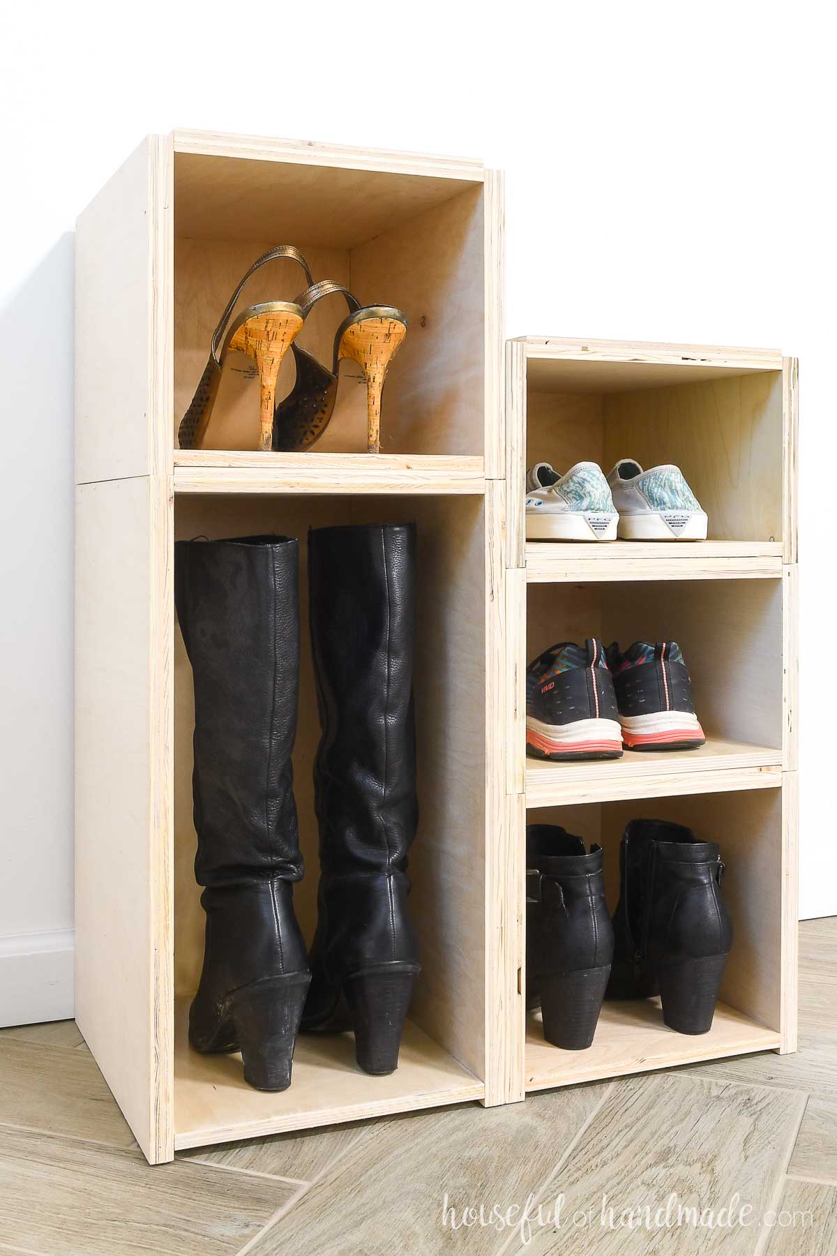 Custom shoe boxes made from plywood that stack. 