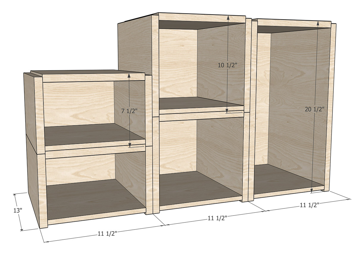 3D sketch of the stacking shoe boxes made from plywood with dimensions noted. 