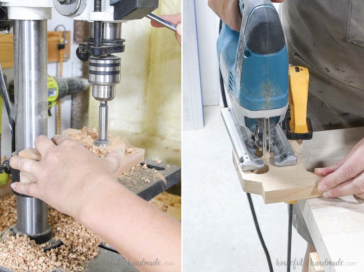 Drilling an cutting out the handles for the tray sides. 