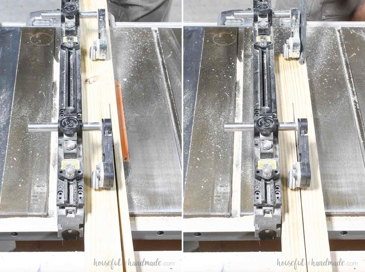 Ripping 2x3 and 2x2 board on a table saw. 