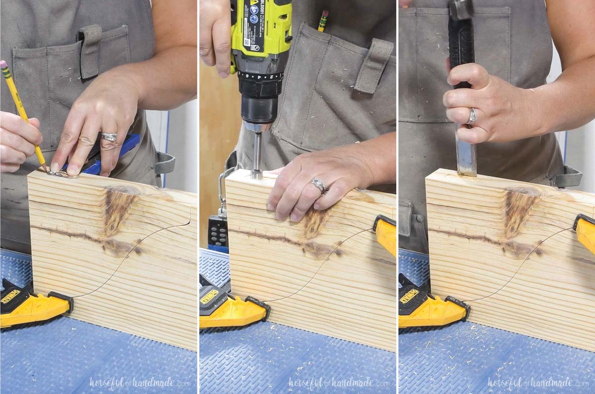 Marking, drilling, and chiseling out a recess for keyhole hangers on the back of the bracket. 