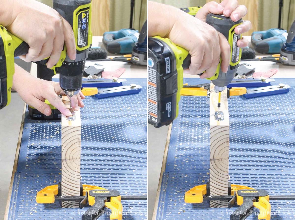 Attaching a metal keyhole hanger on the back of the shelf bracket. 