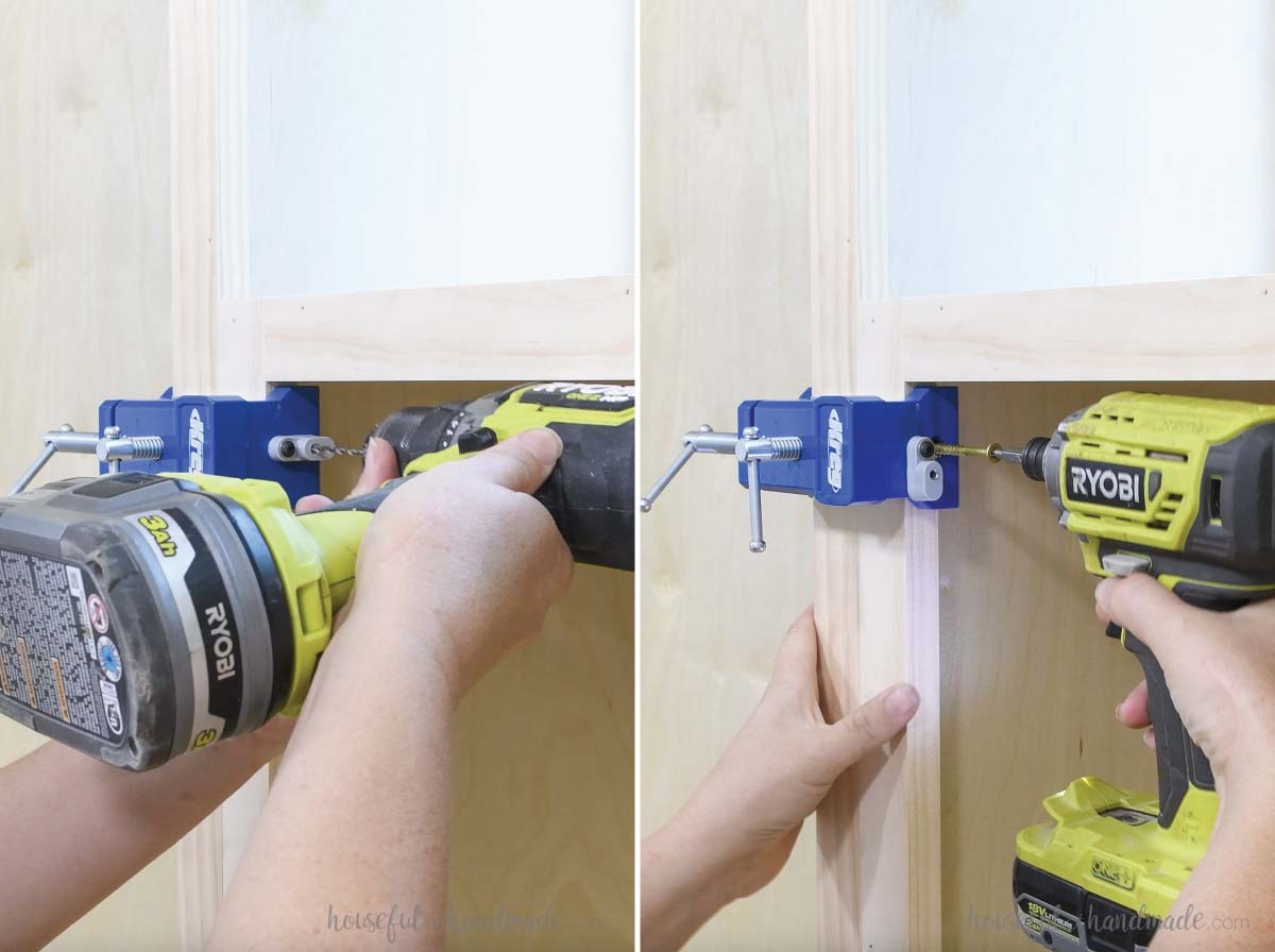 Using screws to attach the cabinets together through the face frames. 