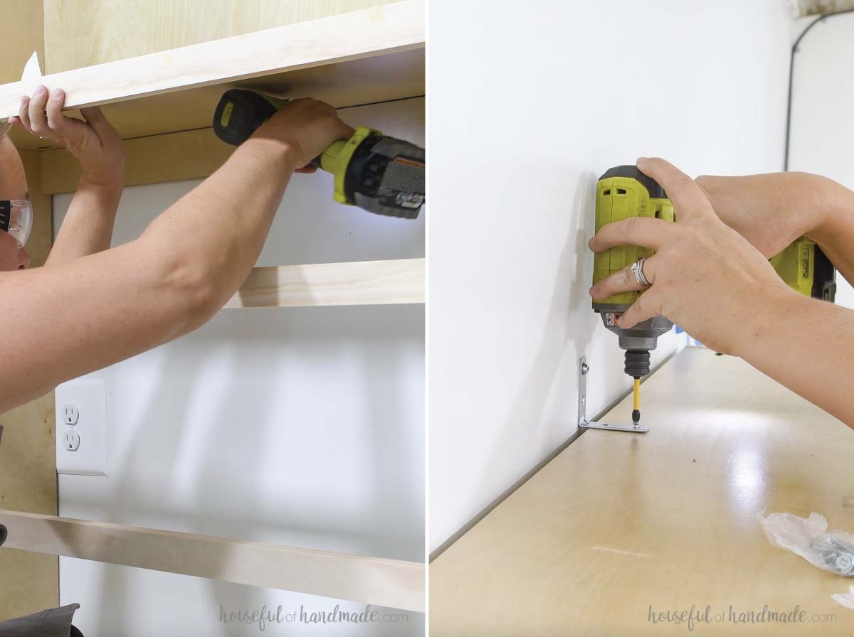 Securing the tall cabinets to the walls. 