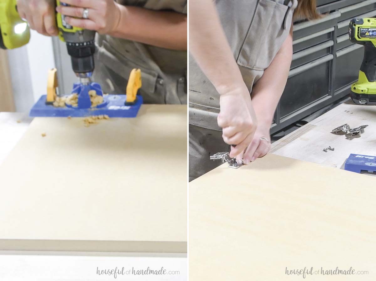 Drilling holes for the concealed hinges on the back of the MDF doors. 