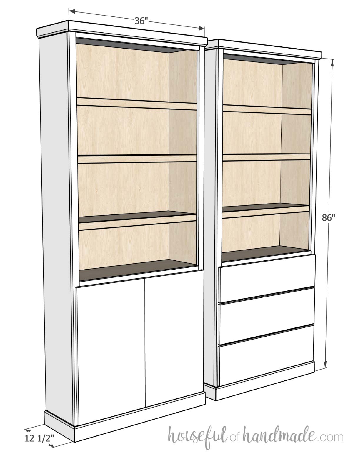 3D Sketch of the bookcases with dimensions noted. 