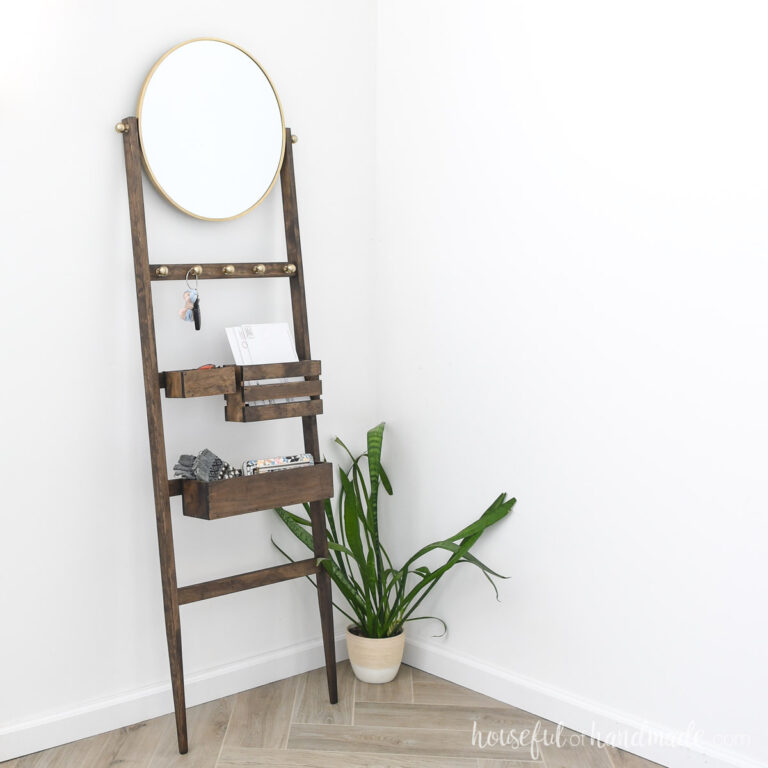 Entryway with storage ladder leaning against the wall and plant next to it.