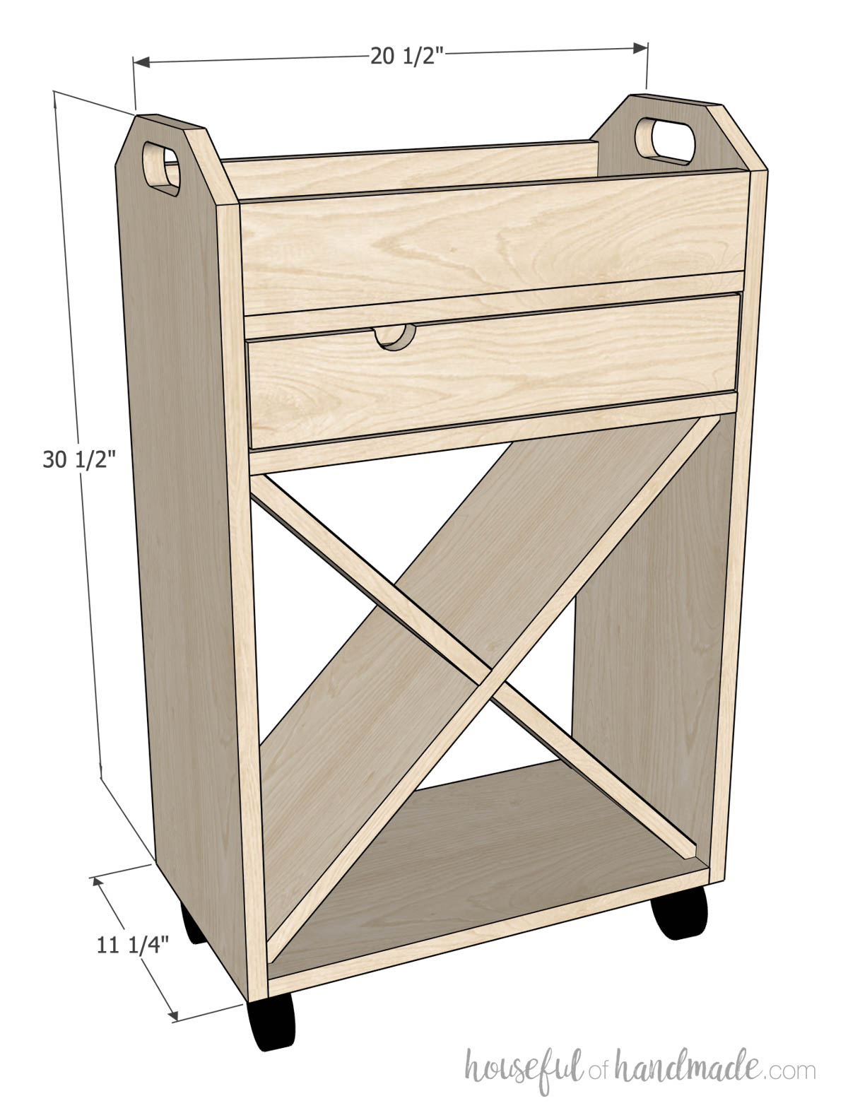 3D sketch of the craft rolling cart with dimensions noted. 