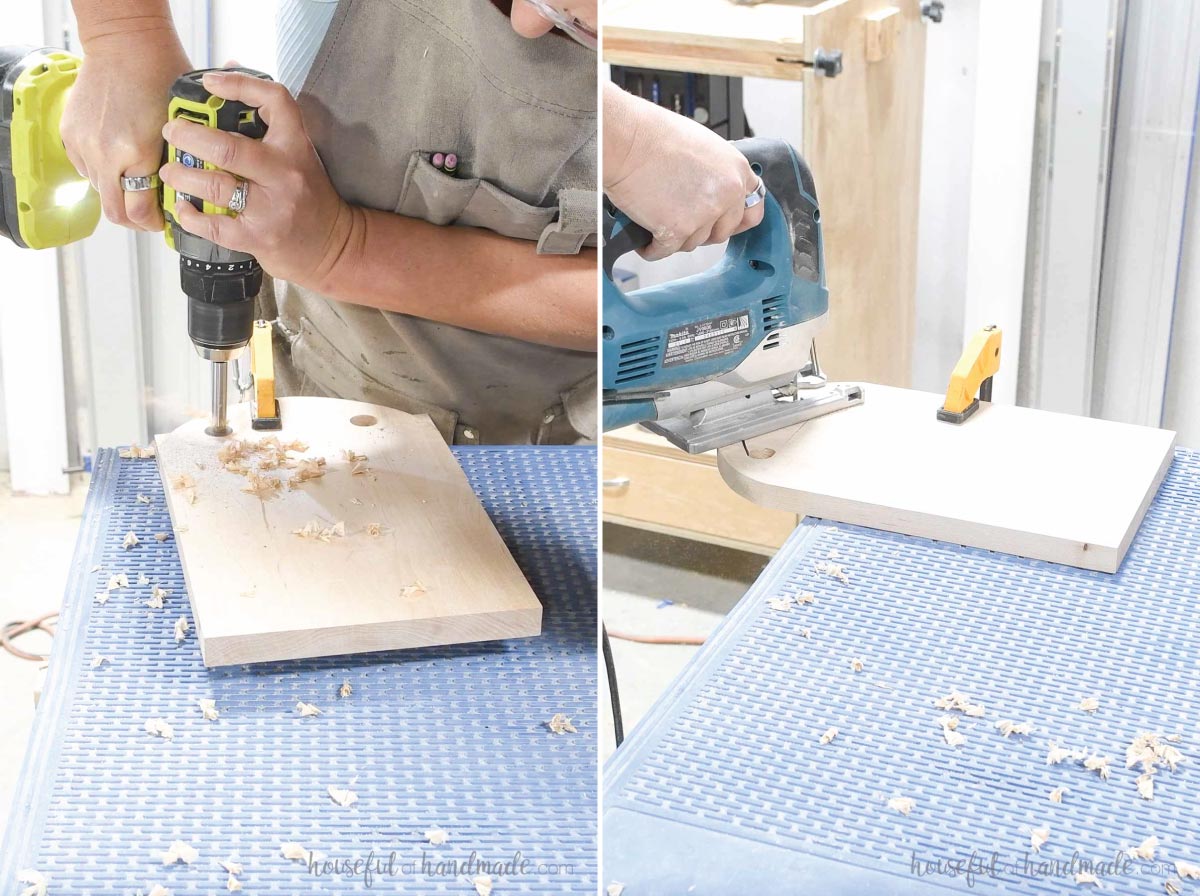 Cutting a curved handle in the top of the board. 